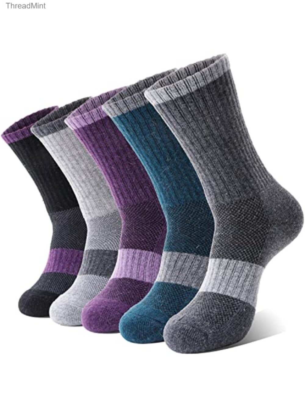 Merino Wool Hiking Crew Socks Women Arch Support Cushion 5 Pair
